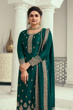 Green Georgette Silk Kameez with Pant Suit For Indian Festivals & Pakistani Weddings Dress - Thread Embroidery Work - close-up view