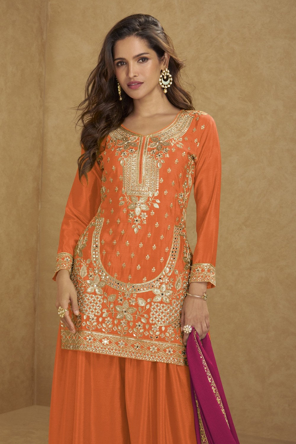 Orange Chinon Silk Plazo Suit For Indian & Pakistani Wedding Festival - Thread Embroidery Work - close-up view