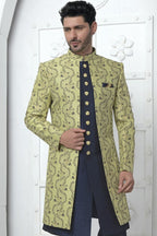 Green Jacquard Silk Indowestern Suit Long Kurta with Jacket & Pant for Men for Wedding - Jacquard Work - close-up view