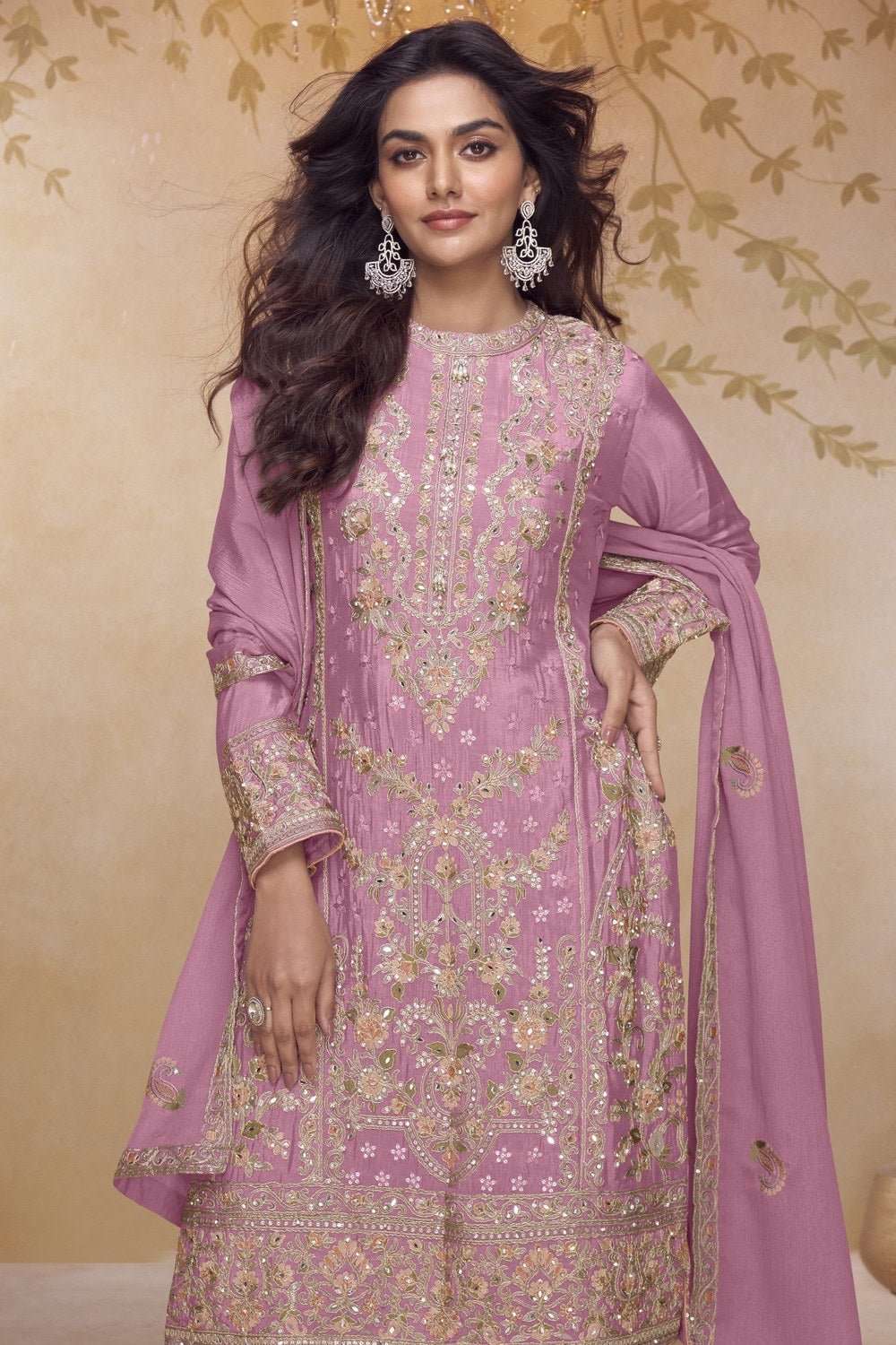 Festival Wear Dark Pink Chinon Silk Kameez with Palazo in Embroidery & Mirror Work - close-up view