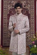 Pinkish Lavender Jacquard Woven Indo Western Mens Indian Wedding Attire - close-up view