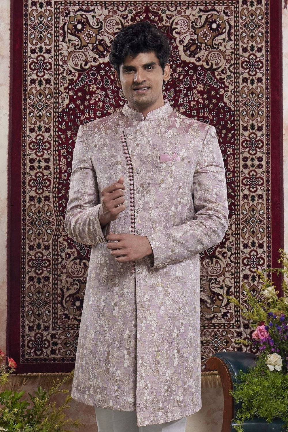 Pinkish Lavender Jacquard Woven Indo Western Mens Indian Wedding Attire - close-up view