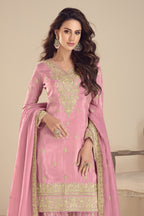 Baby Pink Simmer Silk Palazzo Suits for Women with Embroidery - close-up view