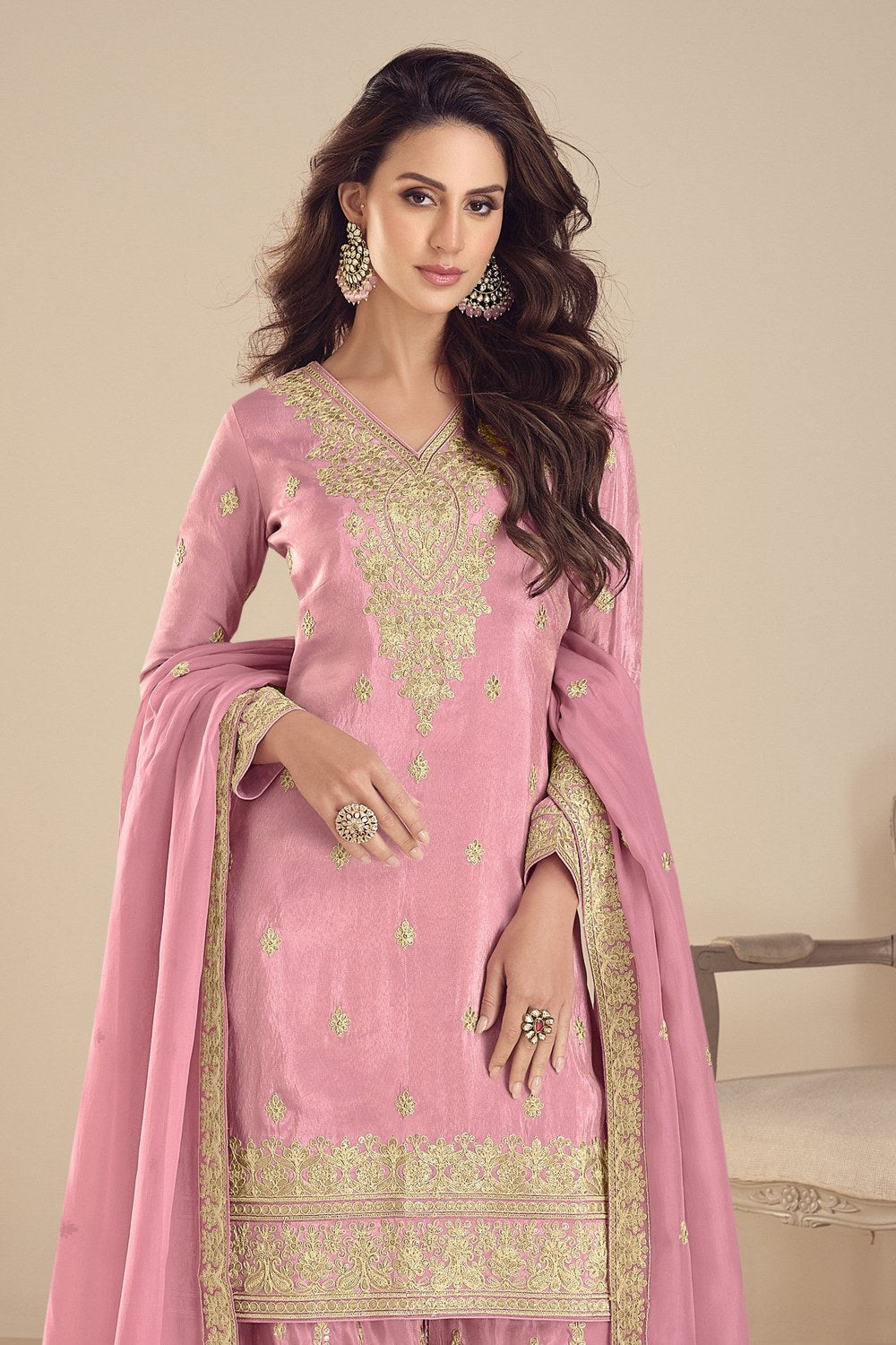 Baby Pink Simmer Silk Palazzo Suits for Women with Embroidery - close-up view
