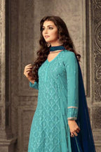Turquoise Georgette Plazo Suit For Ladies Wedding & Festival - Embroidery Work 1250 - close-up view