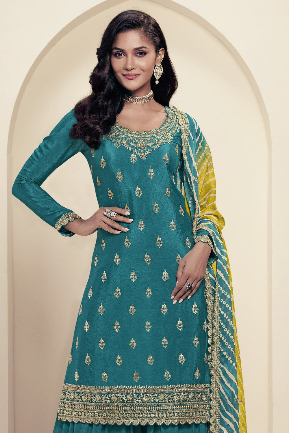 Teal Chinon Silk Palazzo Suit For Indian Wedding & Pakistani Festival - Embroidery Work, Print Work - close-up view