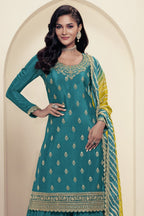 Teal Chinon Silk Palazzo Suit For Indian Wedding & Pakistani Festival - Embroidery Work, Print Work - close-up view