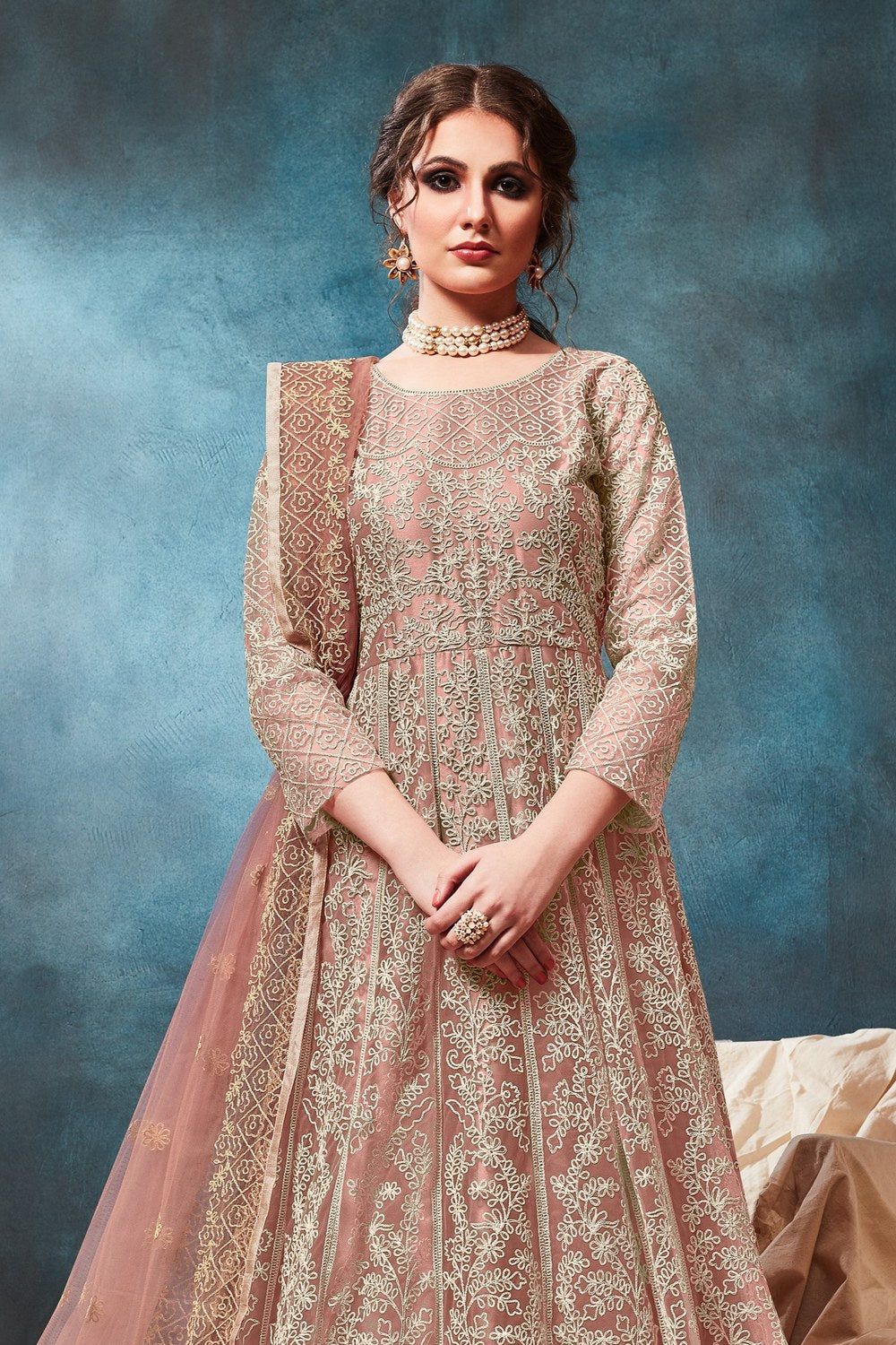 Rose Net Anarkali with Dori Embroidery Indian Dresses for Women - close-up view