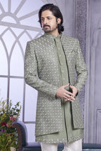 Muted Green Art Silk Indo Western Traditional Sherwani Kurta with Jacket & Pant for Men for Wedding - Embroidery Work - close-up view