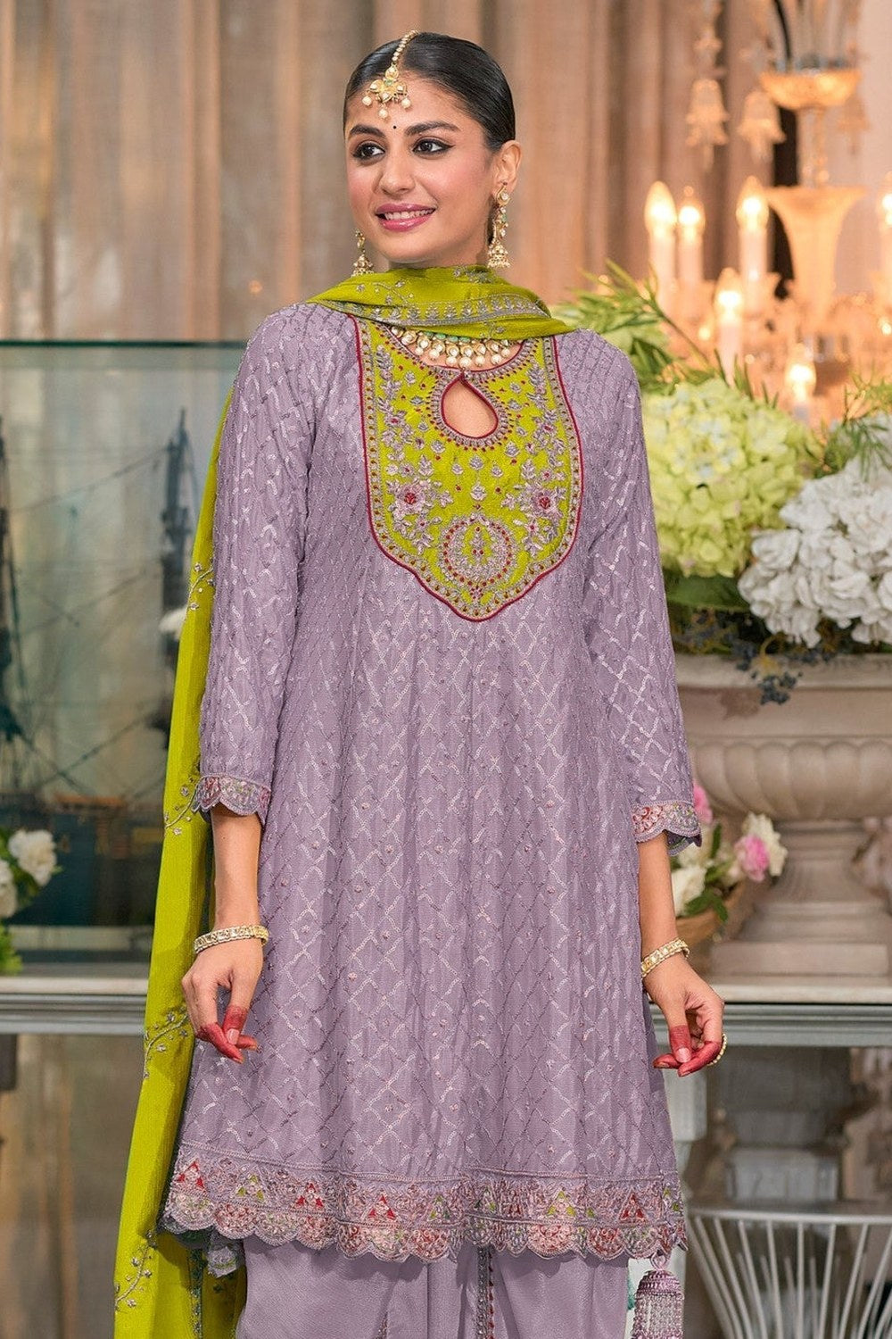 Purple Chinon Silk Kameez With Dhoti Suit For Indian & Pakistani Wedding Festival - Thread & Sequence Embroidery - close-up view