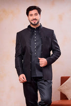 Black 3 Piece Jodhpuri, Pant & Jacket Set - Indian Traditional Clothes for Men - close-up view