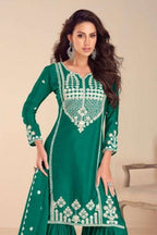Emerald Green Chinon Silk Sharara Suit For Indian & Pakistani Wedding Festival - Embroidery Work, Khatli Work - close-up view