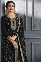 Black Jacquard Silk Kameez With Pant For Wedding & Festival - Embroidery Work - close-up view