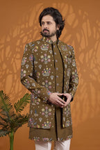 Brown Art Silk Three Piece Sherwani for Men Wedding - Thread Work - close-up view