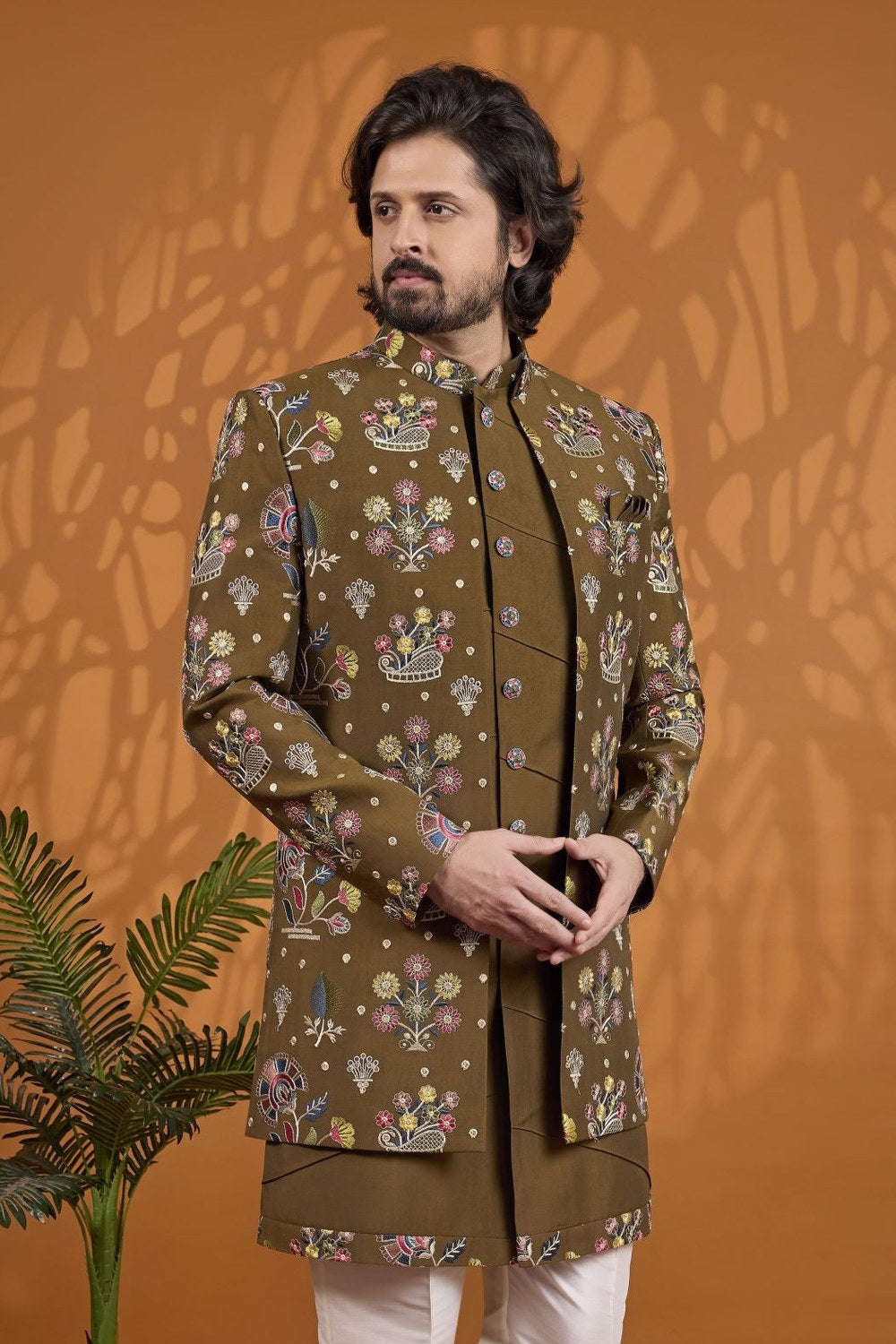 Brown Art Silk Three Piece Sherwani for Men Wedding - Thread Work - close-up view