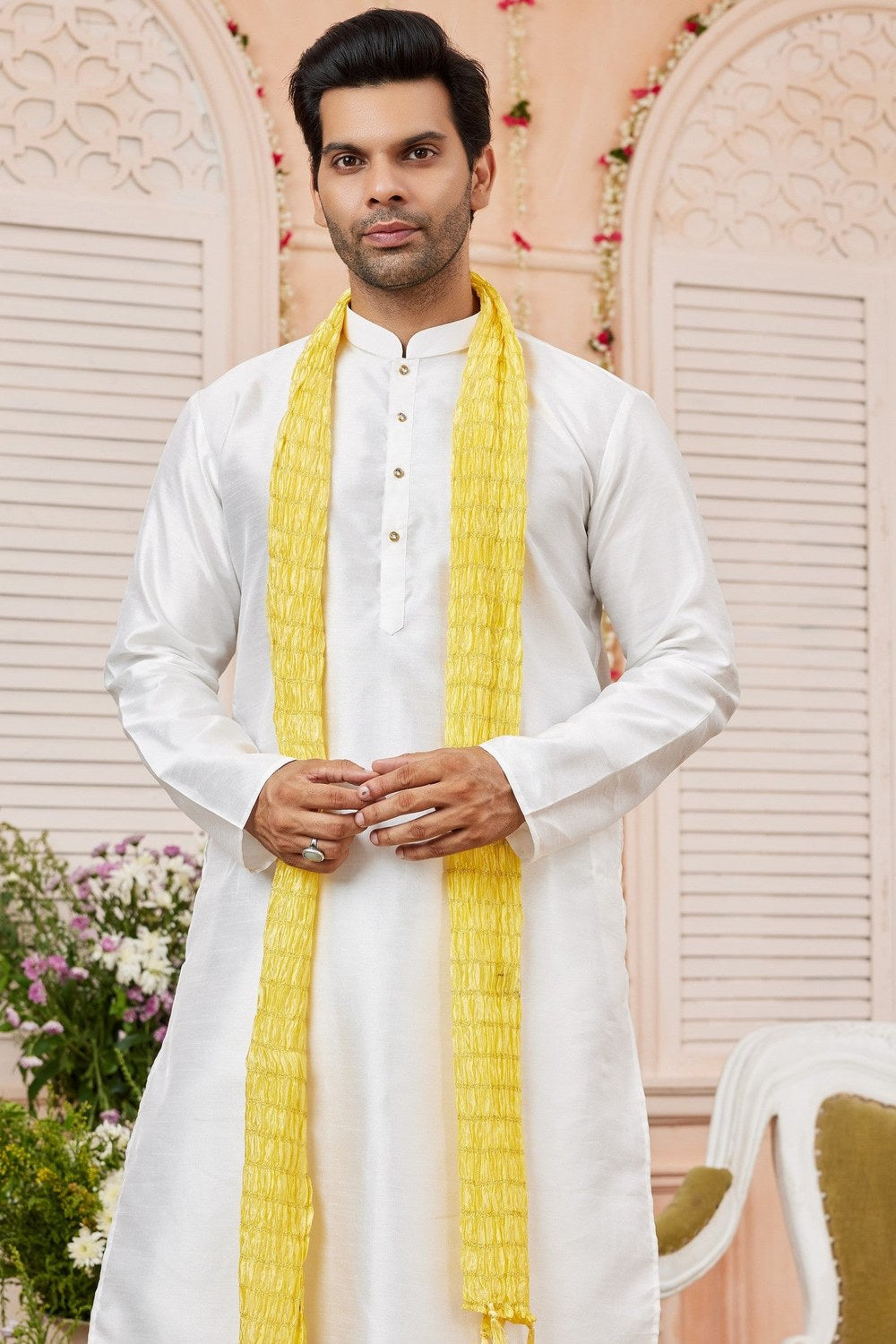 White Art Silk Plain Kurta Pajama with Stole Scarf for Men for Festivals & Wedding - close-up view