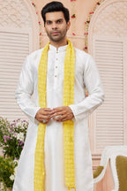 White Art Silk Plain Kurta Pajama with Stole Scarf for Men for Festivals & Wedding - close-up view