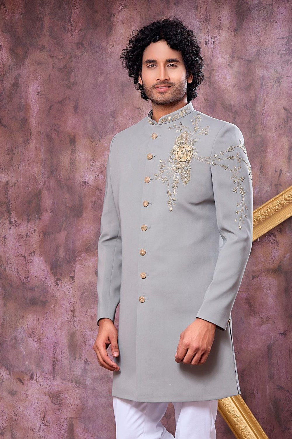 Silver Grey Art Silk Gents Indo Western with Bead & Zardozi Hand Work - close-up view