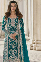 Teal Net Kameez Plazzo Suit For Indian Wedding & Pakistani Festival Dress - Embroidery Work - close-up view