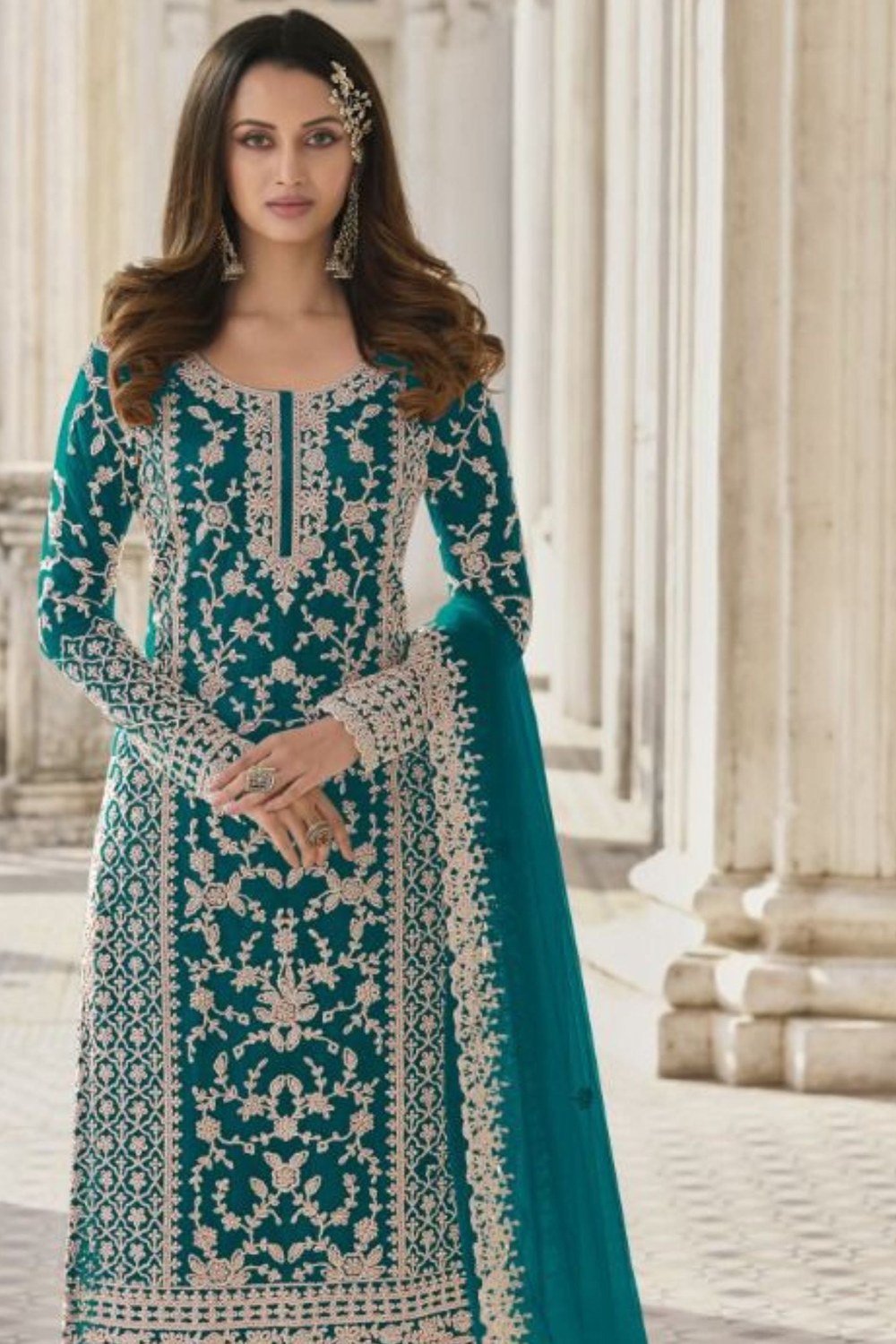 Teal Net Kameez Plazzo Suit For Indian Wedding & Pakistani Festival Dress - Embroidery Work - close-up view