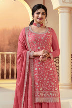 Coral Chinon Silk Palazzo Suit For Indian Festivals & Pakistani Plazo Wedding Dress - Embroidery Work - close-up view