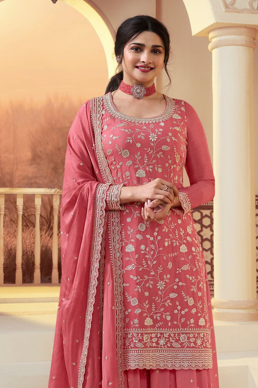 Coral Chinon Silk Palazzo Suit For Indian Festivals & Pakistani Plazo Wedding Dress - Embroidery Work - close-up view
