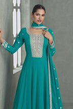 Teal Georgette Anarkali Suit For Indian & Pakistani Wedding Festival - Embroidery Work - close-up view