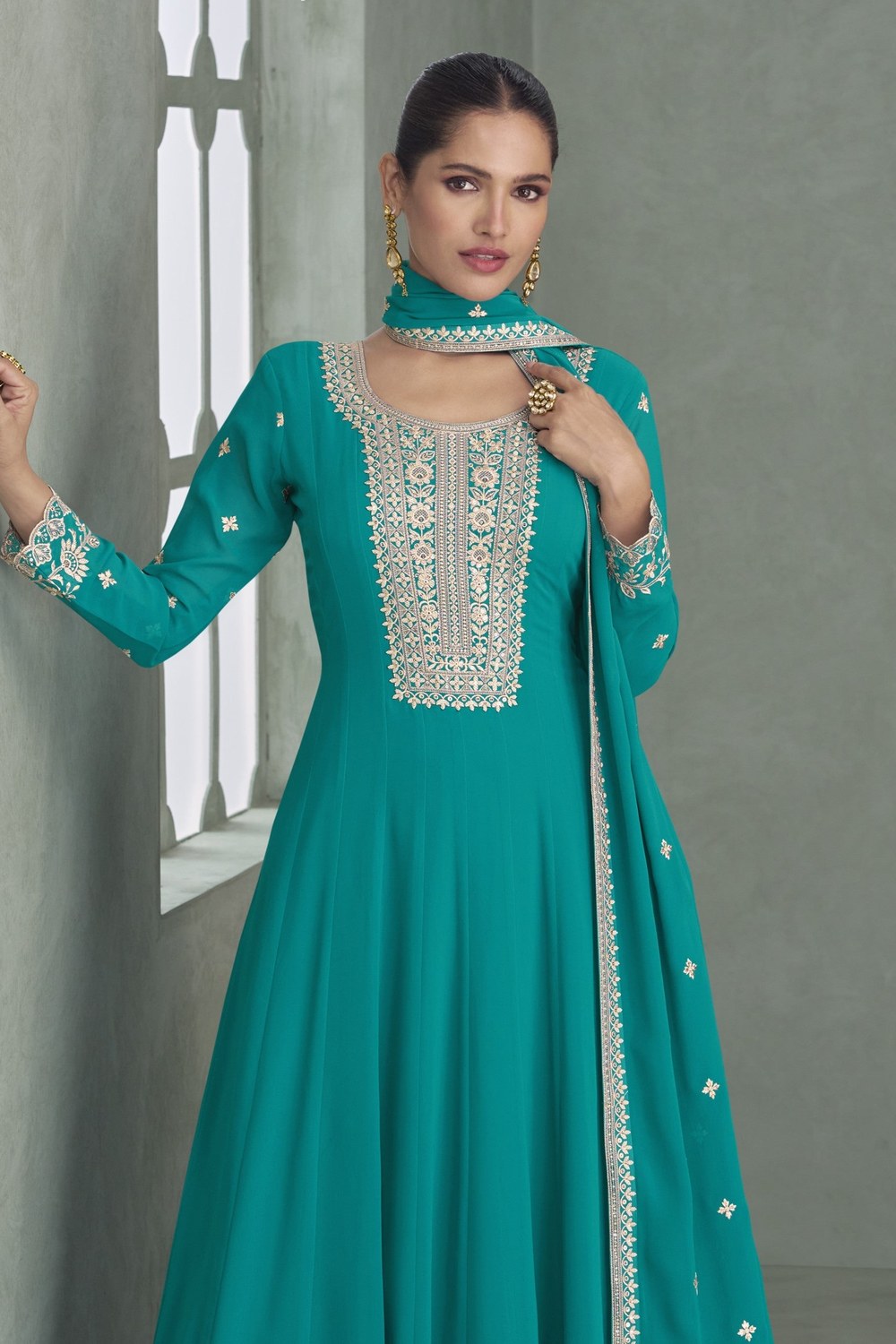 Teal Georgette Anarkali Suit For Indian & Pakistani Wedding Festival - Embroidery Work - close-up view