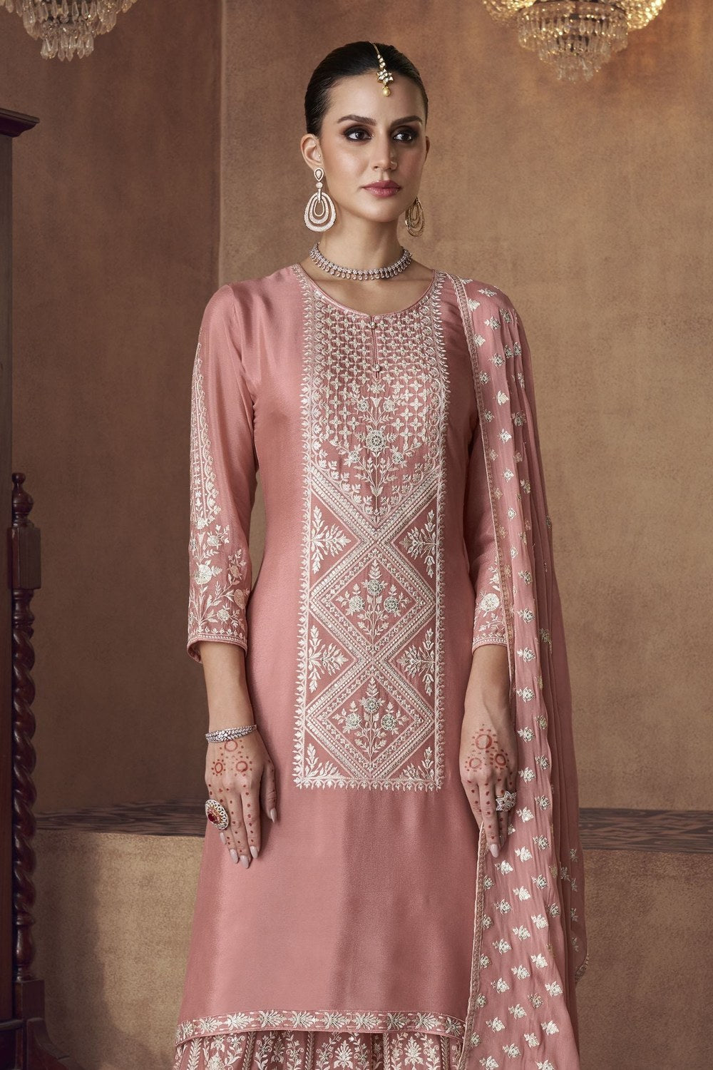 Orange Chinon Silk Palazzo Suit For Indian Weddings & Pakitani Festival - Embroidery Work - close-up view