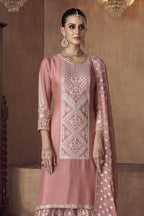 Orange Chinon Silk Palazzo Suit For Indian Weddings & Pakitani Festival - Embroidery Work - close-up view