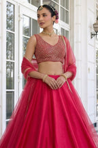 Hot Pink Vichitra Silk Sleeveless Party Wear Lehenga Choli With Thread Embroidery Work - close-up view
