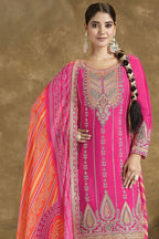 Pink Chinon Silk Kameez with Dhoti For Indian Festivals & Weddings - Embroidery Work, Print Work, Mirror Work - close-up view