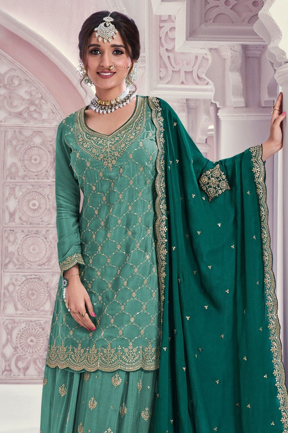 Green Chinon Silk Pakistani Mehndi Outfit for Marriage - Thread & Sequence Embroidery Work - close-up view