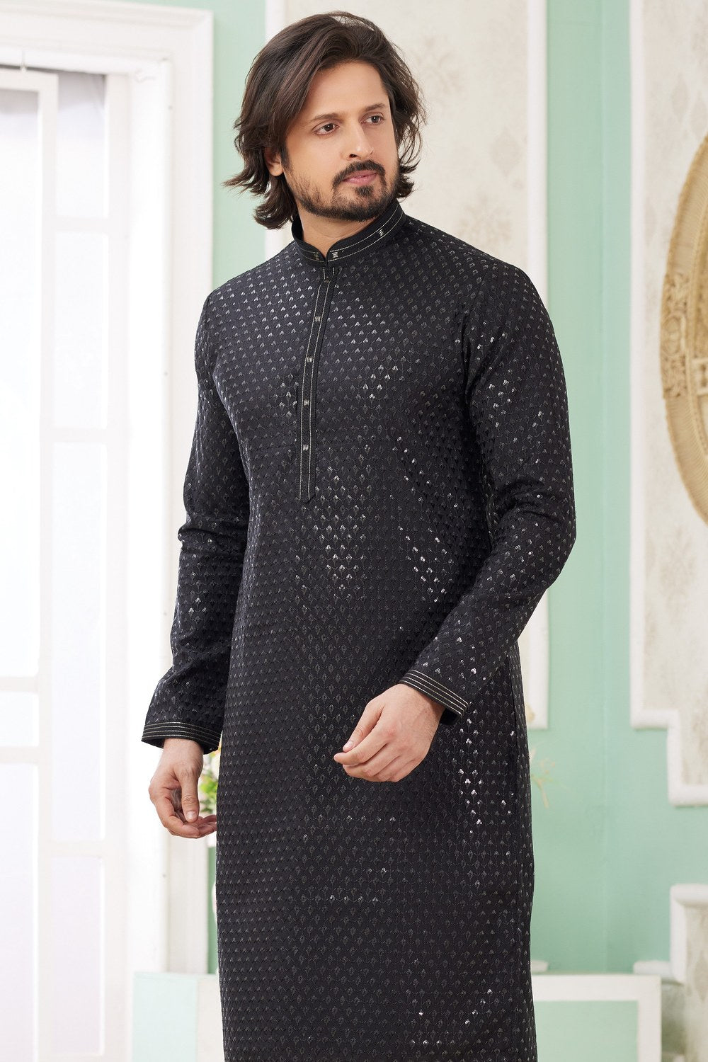 Black Art Silk Indo Western Traditional Sherwani Long Kurta & Pant Suit for Men for Wedding - Embrodery Work - close-up view
