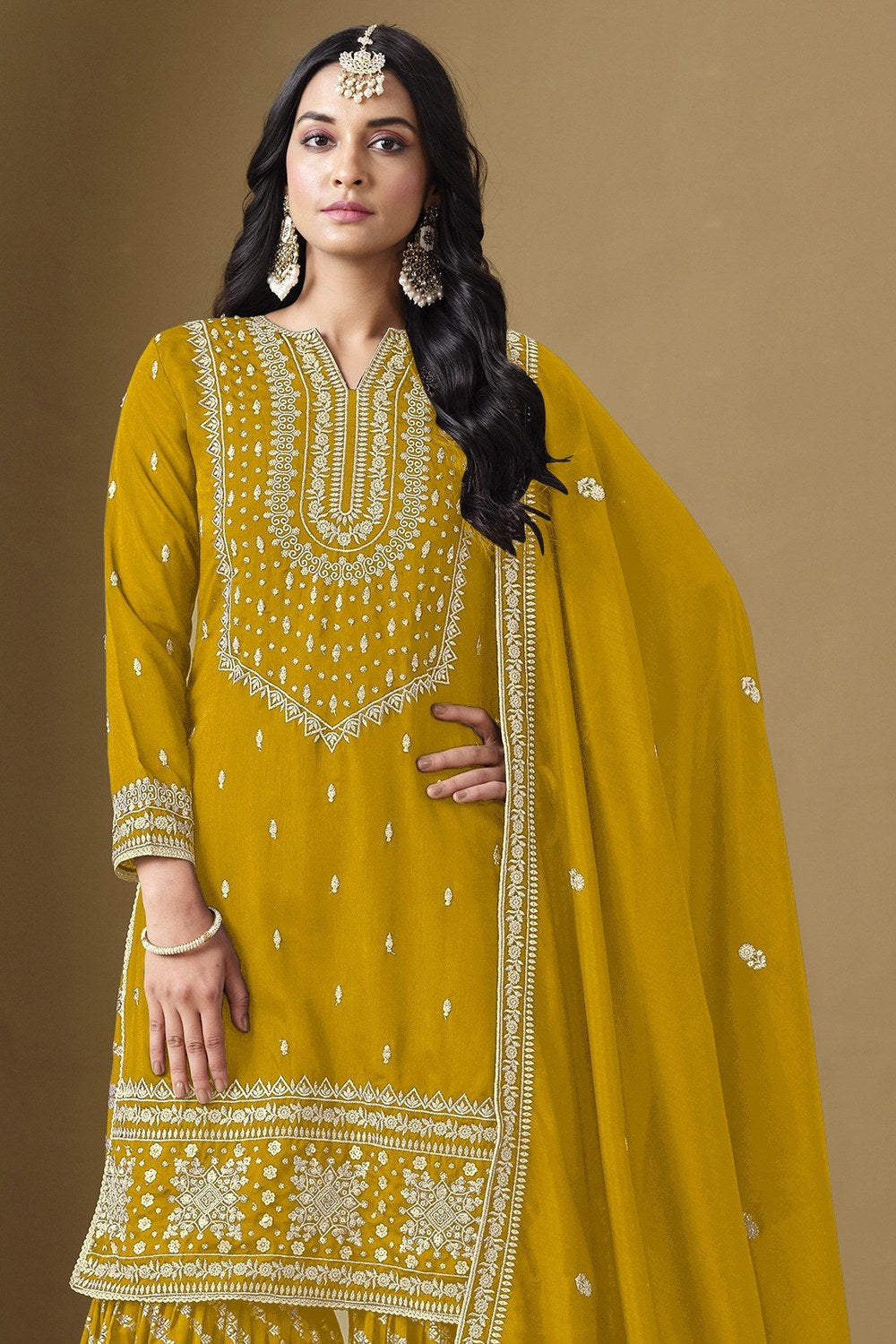 Dark Yellow Art Silk Sharara Suit Pakistani for Wedding Haldi Ceremony - Embroidery Work - close-up view