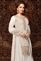 White Chinon Silk Kameez With Palazzo Suit For Indian & Pakistani Wedding Festival - Thread & Sequence Embroidery - close-up view