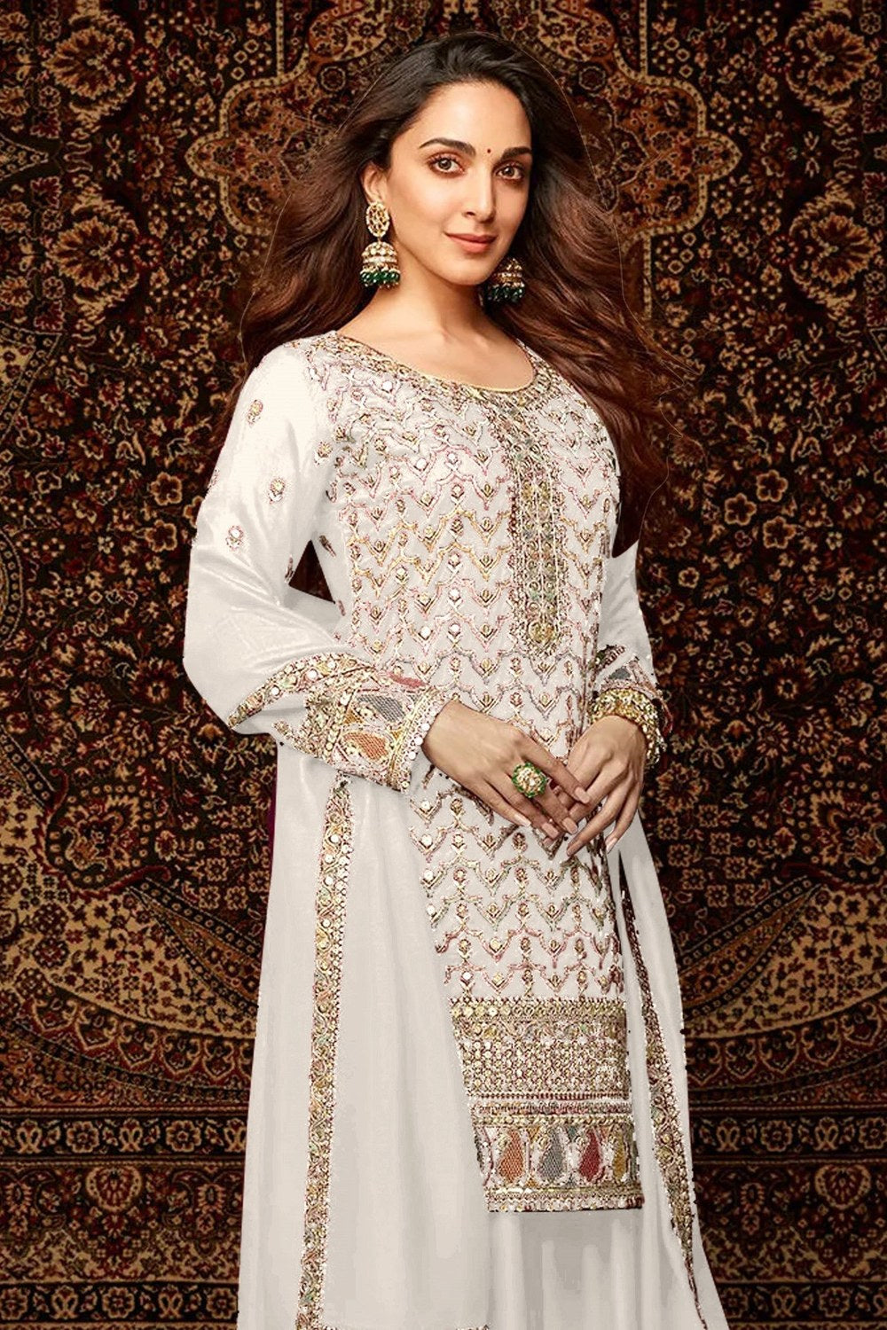 White Chinon Silk Kameez With Palazzo Suit For Indian & Pakistani Wedding Festival - Thread & Sequence Embroidery - close-up view