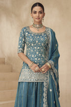 Teal Simmer Silk Kameez With Palazzo Suit For Indian & Pakistani Wedding Festival - Thread & Sequence Embroidery - close-up view