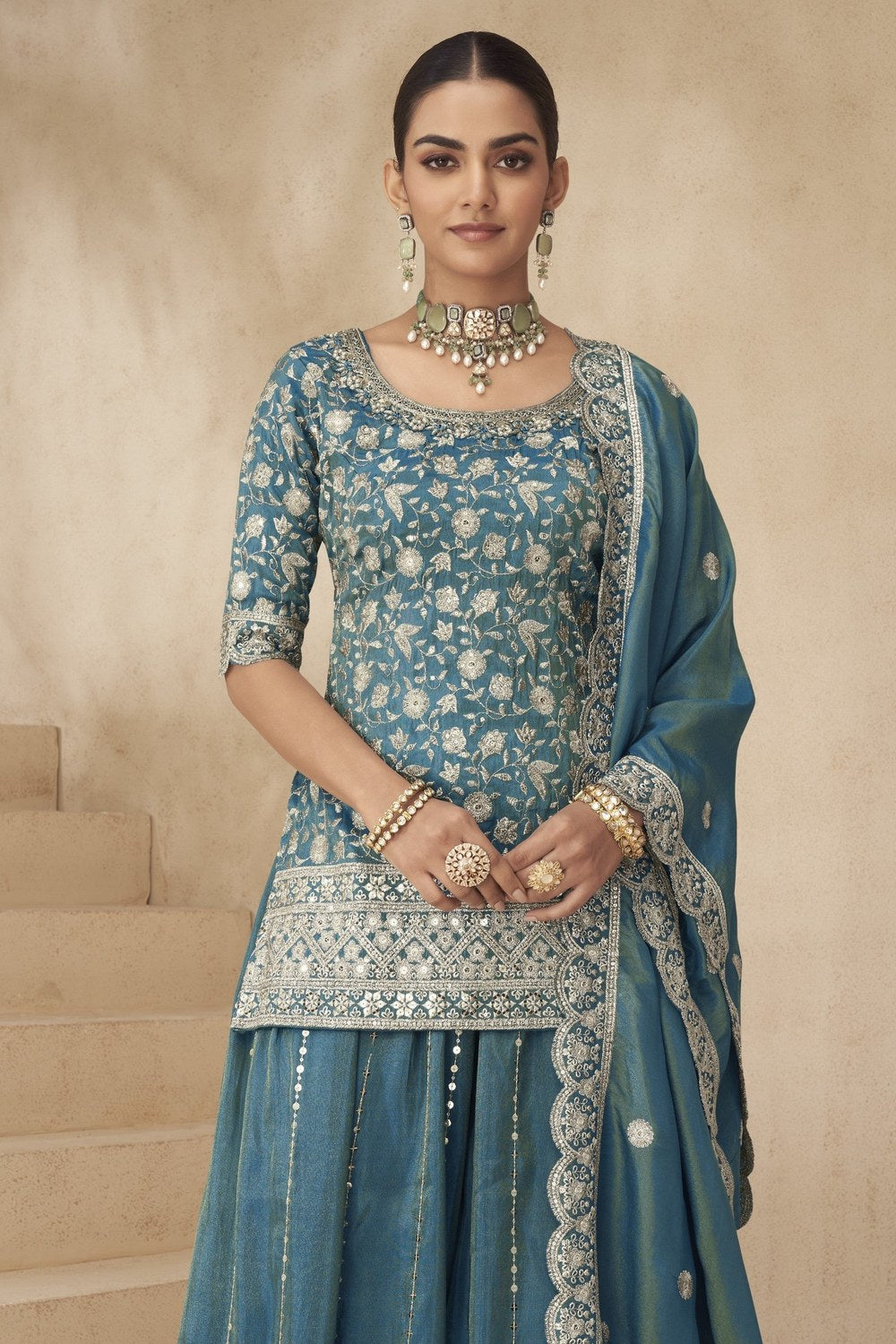 Teal Simmer Silk Kameez With Palazzo Suit For Indian & Pakistani Wedding Festival - Thread & Sequence Embroidery - close-up view