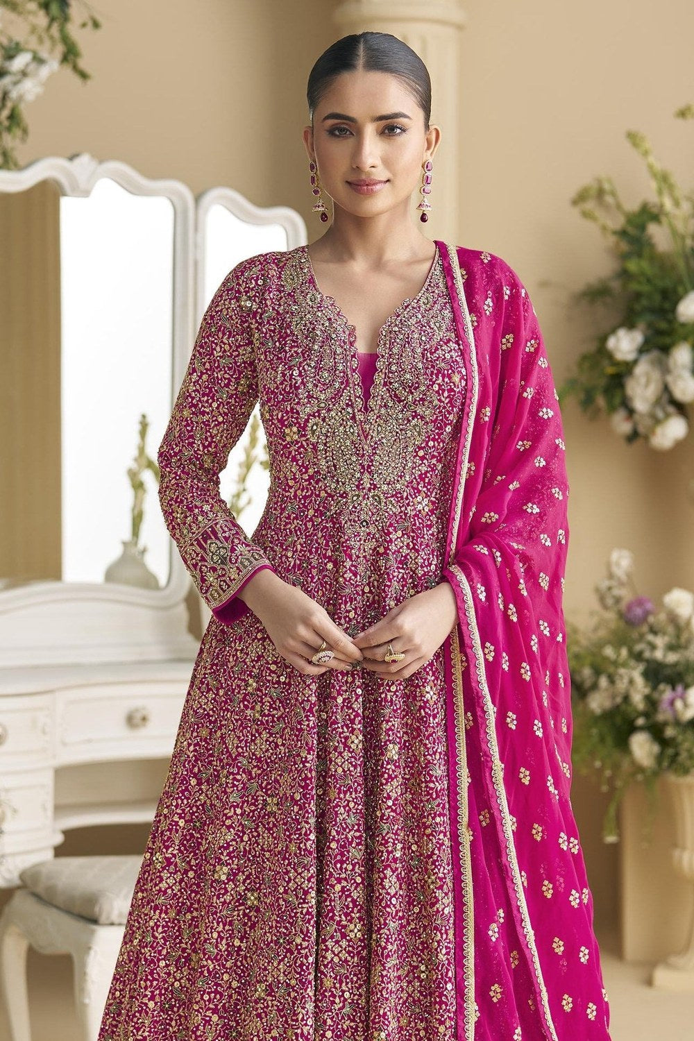 Pink Georgette Anarkali Suit For Indian & Pakistani Wedding Festival - Thread & Sequins Embroidery Work, Swarovski Work - close-up view