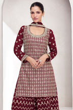 Maroon Chinon Silk Plazo Suit Dress For Indian Wedding & Festival - Embroidery Work - close-up view
