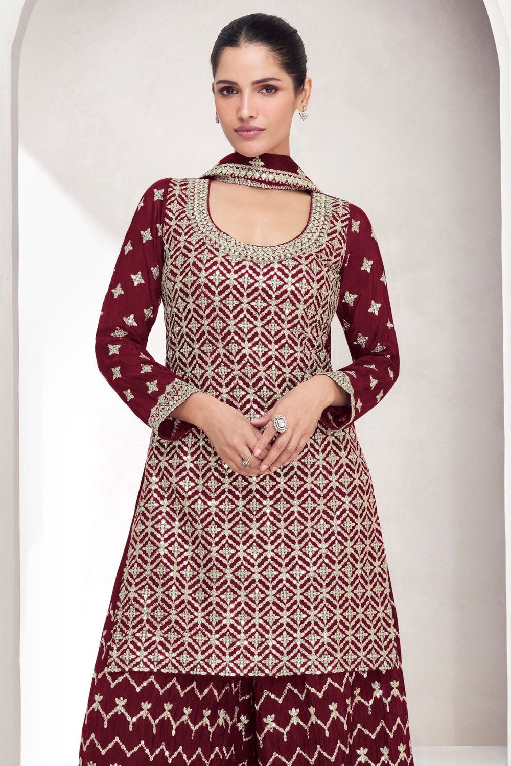 Maroon Chinon Silk Plazo Suit Dress For Indian Wedding & Festival - Embroidery Work - close-up view