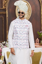 White Art Silk Kurta Pajama with Waistcoat Jacket for Men for Wedding & Festivals - Print Work - close-up view