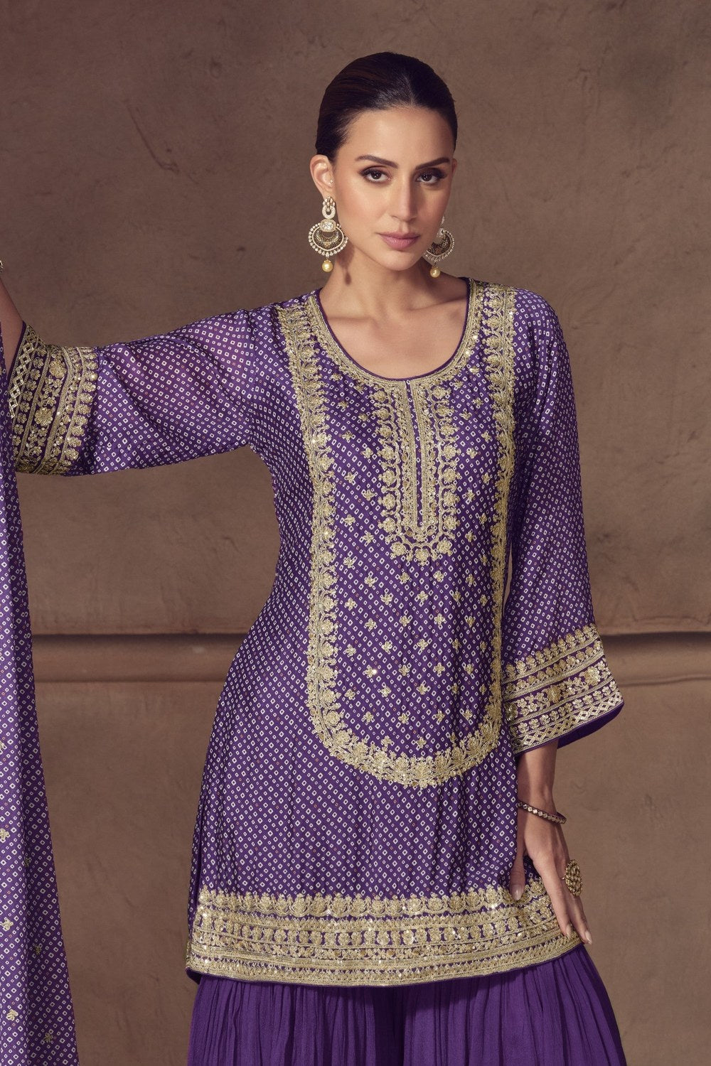 Purple Chinon Silk Sharara Suit For Indian & Pakistani Wedding Festival - Print Work, Thread & Sequins Embroider Work - close-up view