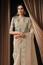 Beige Satin Saree for Wedding Guest with Sequins & Stone Handwork - close-up view