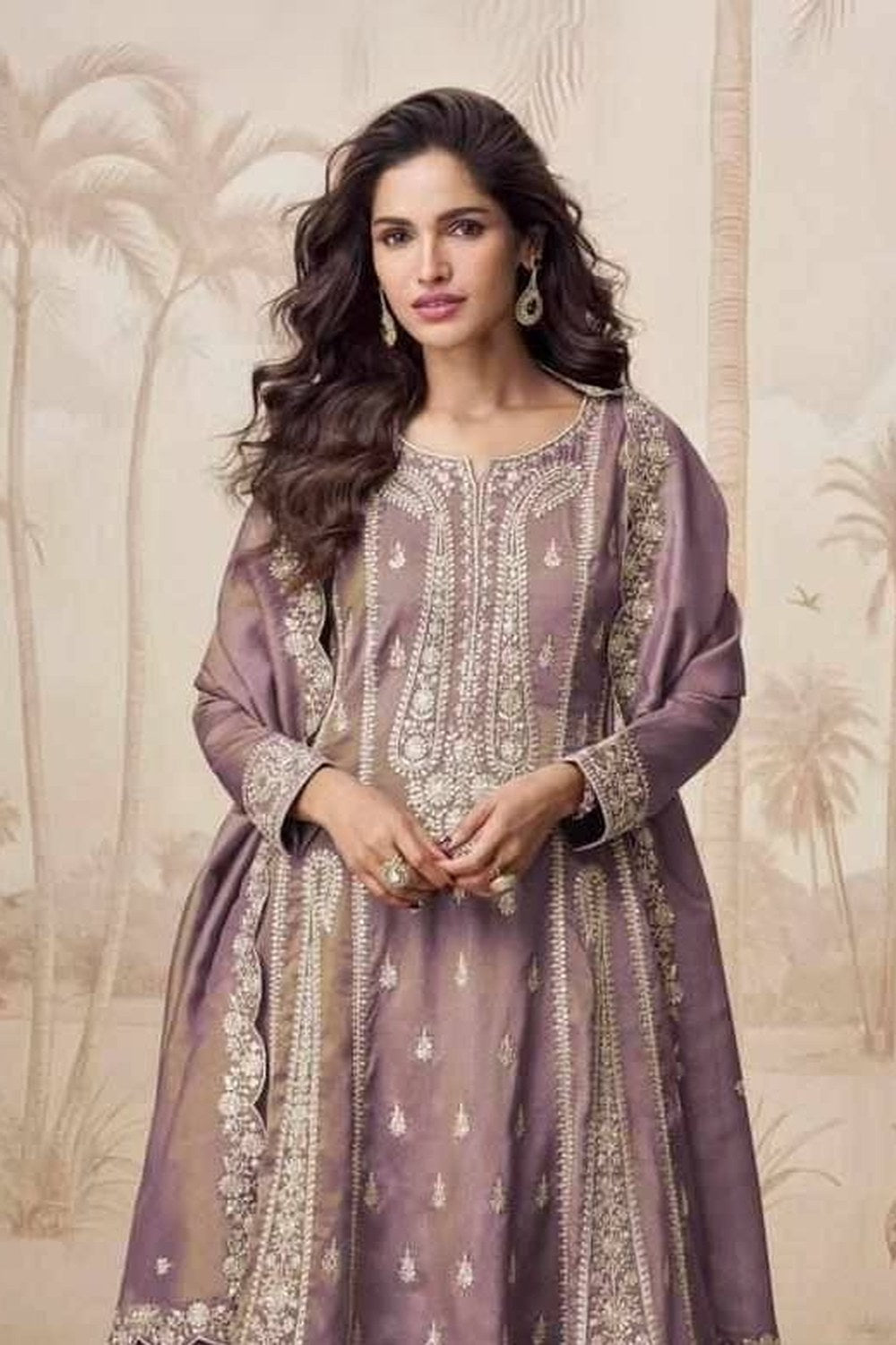 Mauve Purple Simmer Silk Kameez With Pant For Indian & Pakistani Wedding Festival - Embroidery Work - close-up view
