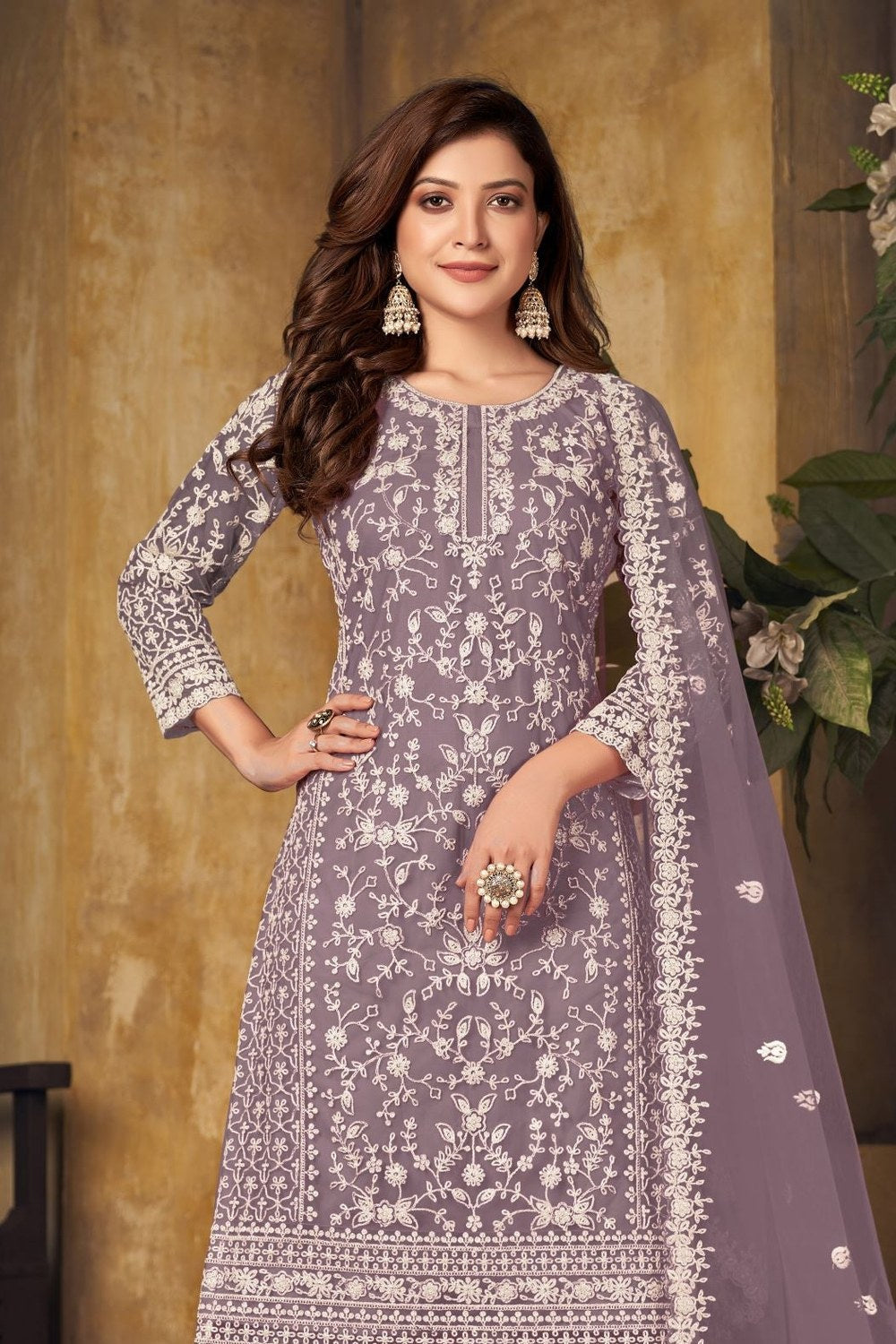 Purple Net Plazo Sangeet Outfits for Women with Thread Work - close-up view