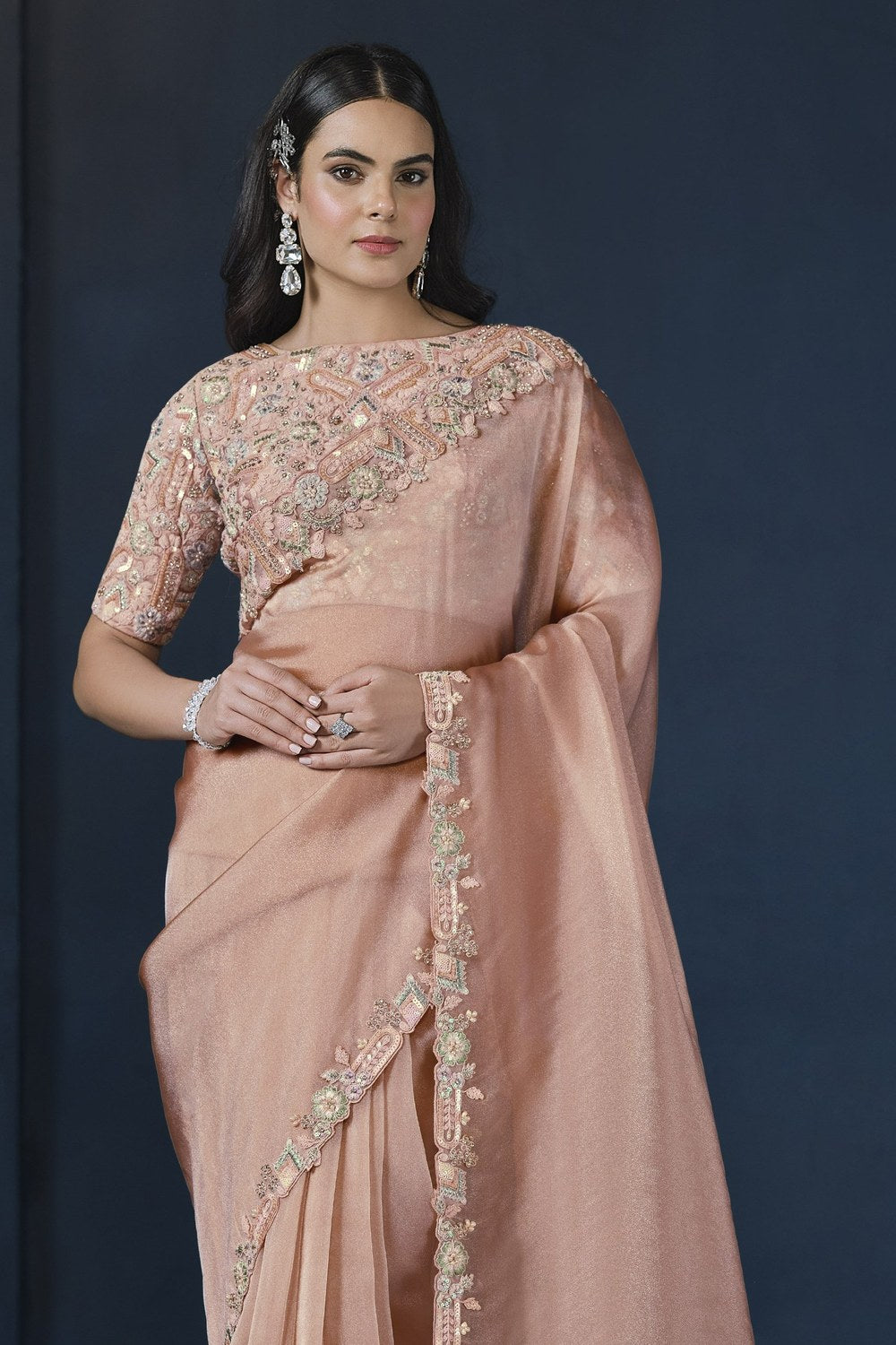 Dusty Rose Glace Tissue Silk Saree With Stitched Blouse For Indian & Pakistani Wedding Festival - Sequence Embroidery Work, Moti Work - close-up view