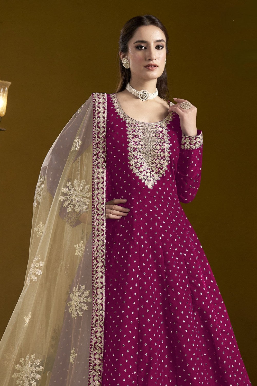Dark Pink Chanderi Silk Anarkali Dress for Reception with Sequins Embroidery - close-up view