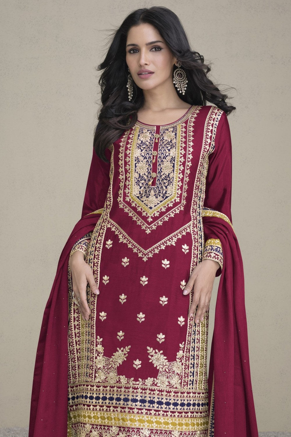 Maroon Chinon Silk Palazzo Suit For Indian Weddings & Pakitani Festival - Embroidery Work - close-up view